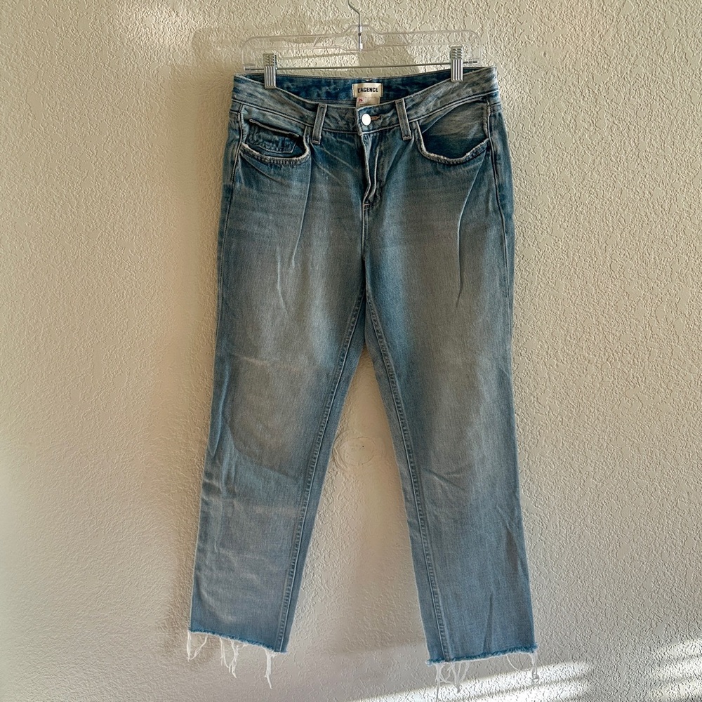 L'AGENCE Women's Light Washed Blue Straight Leg Denim Jeans with Raw Hem Size 26